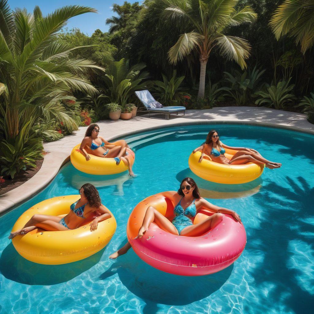 A sun-soaked poolside scene featuring a diverse group of friends lounging in stylish swimwear, surrounded by tropical plants and colorful inflatable floaties. Add a shimmering blue pool with sparkling water reflecting the sunlight. In the background, a vibrant beach and rolling waves can be seen, evoking a sense of summer getaway paradise. The atmosphere is lively and inviting, filled with joy and carefree vibes. super-realistic. vibrant colors. tropical theme.
