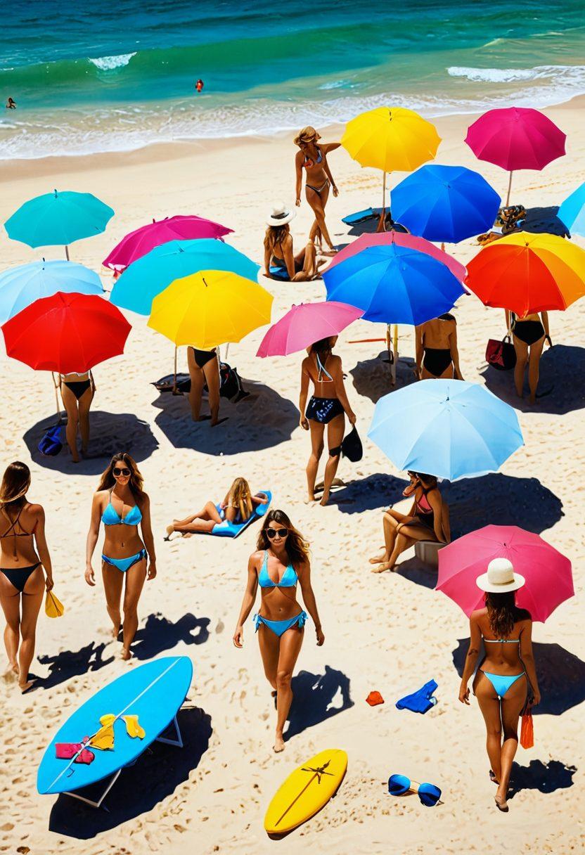 A vibrant beach scene showcasing a variety of trendy bikinis and beachwear styles on diverse models. Include colorful beach umbrellas, surfboards, and sun-kissed sand, with crystal-clear waves gently rolling in the background. Infuse the atmosphere with a lively summer vibe, highlighting playful accessories like sunglasses and beach hats. The overall mood should feel warm and inviting, embodying the essence of a fun summer getaway. super-realistic. vibrant colors. bright blue sky.